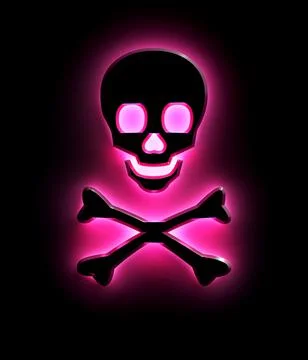 Digital render of a dark glowing pink skull with bones on a black background 스톡 일러스트