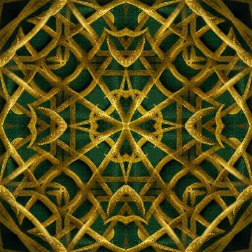 Digital Render Dark Green &amp; Gold Celtic Pattern Vintage Fabric Background Stock Illustration