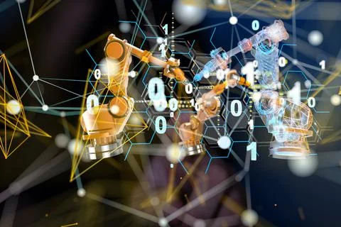 Digital render of a floating connected binary code network Stock Photos