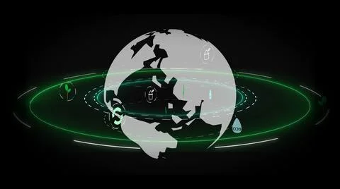 A digital render of a globe with swirling green rings- technology, business c Illustrazione stock