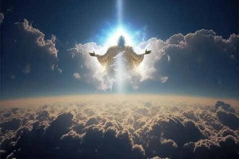 Digital render of a glowing mystical god-like creature floating high above the c Stock Illustration