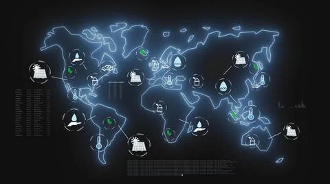 Digital render of a glowing world map with different industrial symbols Stock Illustration