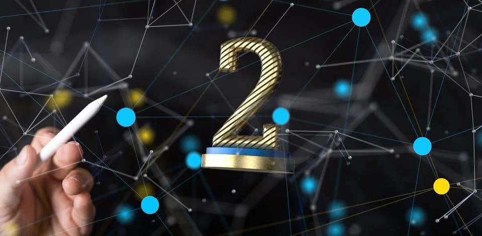Digital render of a golden 2nd place trophy on a background of connected dots Stock Illustration
