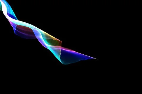 Digital render of a holographic rainbow wave design on black background with cop Stock Illustration
