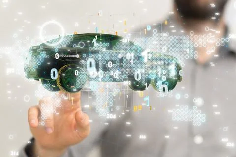 Digital render of an interconnected network of binary code around a hologram Stock Photos