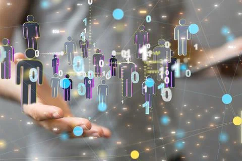 Digital render of an interconnected network of profiles and binary code Stockfoto's