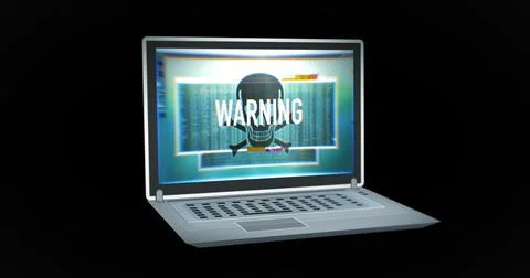 Digital render of a laptop with a warning hacker skull sign 스톡 일러스트