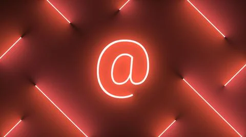 Digital render of neon red lines around an illuminated At sign Stock Illustration