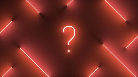 Digital render of neon red lines around an illuminated question mark symbol Stock Illustration