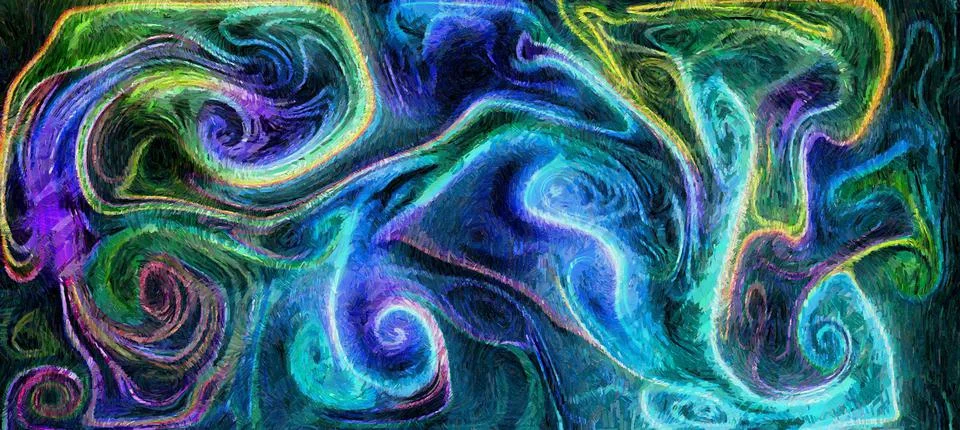 Digital render painterly styled patterns and smooth flowing lines and bubbles pa Stock Illustration