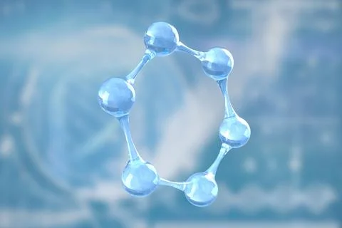 Digital render showing molecular ring seven blue spheres linking rods over blue Stock Illustration