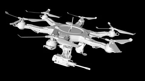 Digital render of a white combat quadcopter drone on a black background Stock Illustration