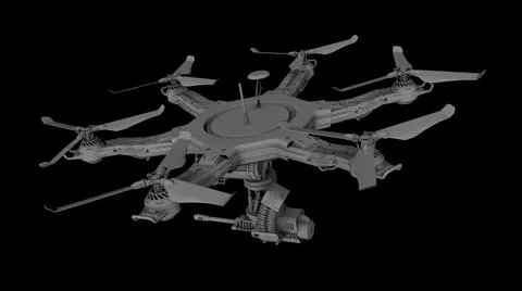 Digital render of a white combat quadcopter drone on a black background Stock Illustration