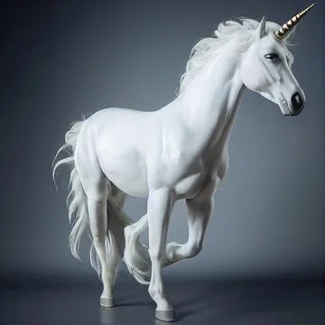 A digital render of a white unicorn in motion. Dark background Stock-Fotos