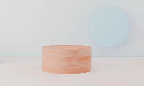 Digital render of a wooden round platform on a solid background with a blue circ Stock Illustration