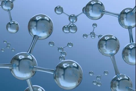 Digital rendering of interconnected, reflective silver spheres forming mole.. Stock Illustration