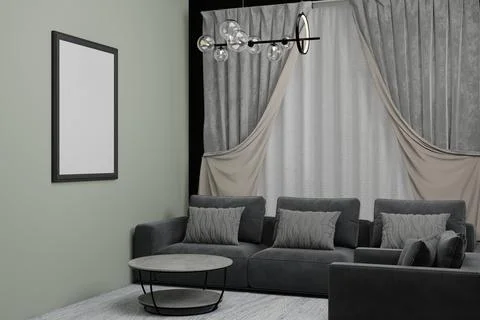 A digital rendering of a modern living room featuring a sage green wall Stock-Illustration
