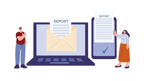 Digital report vector concept. Flat cartoon people point to smartphone and Stock Illustration