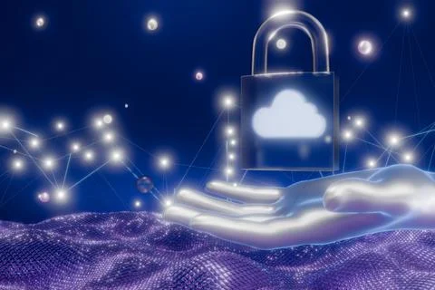 A digital representation of cloud security with a glowing padlock イラスト素材