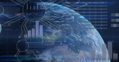 Digital representation of Earth with various data visualizations overlaying it Foto stock