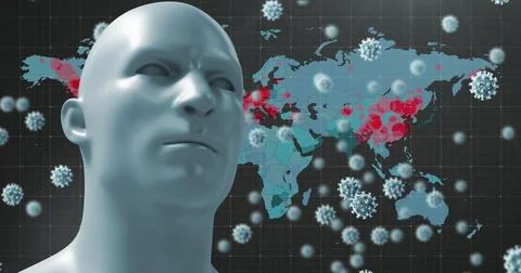 Digital representation of global virus spread with human figure and world map Stock Illustration