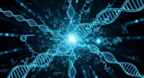 A digital representation of multiple dna strands radiating from a central g.. 库存插图