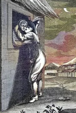 Digital restauriert, Der Bauer heimlich bei Nacht am Fenster seiner Gelieb... Stock Photos