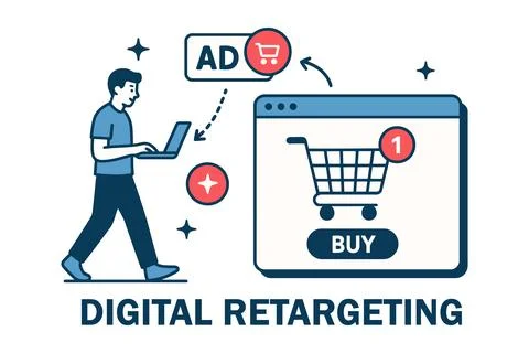 Digital retargeting concept man using laptop shopping cart ad Stock Illustration