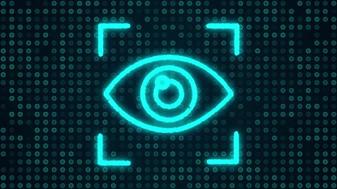 Digital retina or eye scan icon made of blue particles on tech background Video stock 238566326