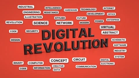 Digital revolution animated word cloud, 3d flip animation, seamless loop Stock Footage 347225716