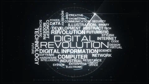Digital revolution animated word cloud radar, text design animation, seamless Stock Footage 348023454