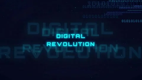 Digital Revolution text animation with flowing binary code on a dark blue Stock Footage 336775536