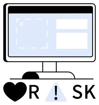 Digital Risk Analysis Concept with Computer Screen, Heart, Exclamation Mark.. Illustrazione stock