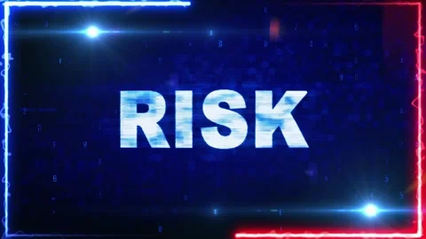 Digital risk text animation with glitch effect on dark blue background for Stock Footage 347770378