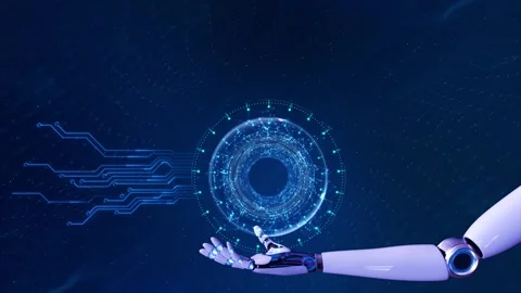 Digital Robot Hand virtual interface artificial intelligence hologram HUD circle Stock Footage 341885623
