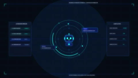 Digital robot interface with HUD radar scan, futuristic UI data Stock Footage 348332507