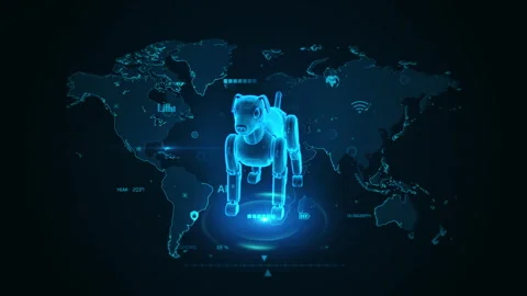 Digital Robotic Dog Overlaying World Map with Futuristic Tech Elements Stock Footage 341905202