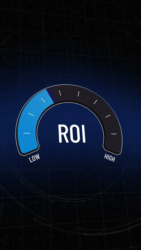 Digital ROI gauge indicator rapidly rising from low to high, strong return on Vídeo Stock 327420982