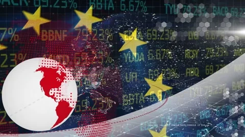Digital rotating globe, grid pattern and star shapes of european union flag over Stock Footage 327448294