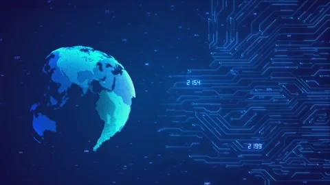 Digital Rotating Globe Icon with Circuit Data Grid Background Stock Footage 314186892