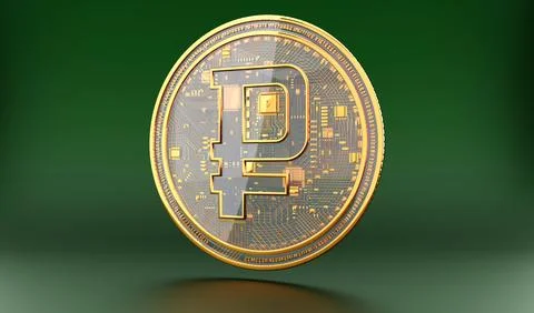 Digital Ruble 3D render model close up. Golden Russian crypto coin Stock Illustration
