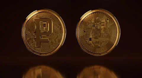 Digital ruble 3D rendering of a close-up model. Golden crypto coin with Russi Stock Illustration