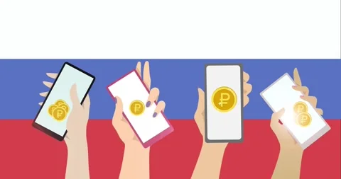 Digital ruble on smartphone screen in people's hands on background of Russia Stock Footage 235832050
