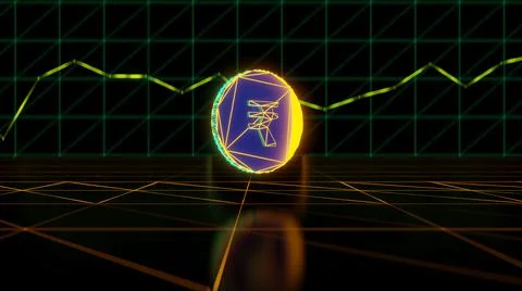 Digital Rupee coin floating on digital surface, growth chart in background. N Stock Illustration