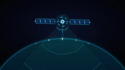Digital satellite orbiting earth: global communication network hud interfac.. Stock Footage 337566966