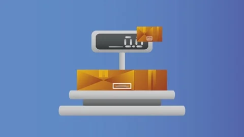 Digital scale measuring packages with animated display showing weight dynam.. Vídeos de archivo 333606547