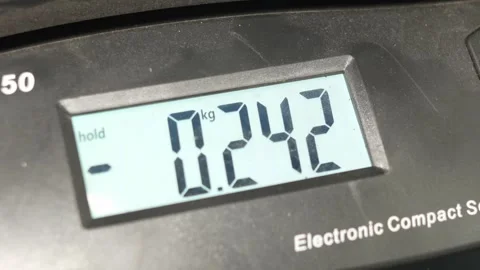 A digital scale screen displays a weight of zero kilograms. Stock Footage 341335749