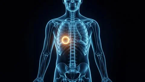 Digital scan of human skeleton showing an orange glowing sphere in chest in.. Stock Illustration