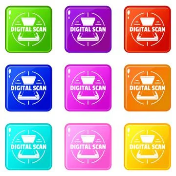 Digital scan icons set 9 color collection 库存插图