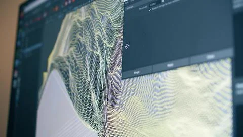 Digital scan or 3D visualization of mountains on the computer screen Stock Photos